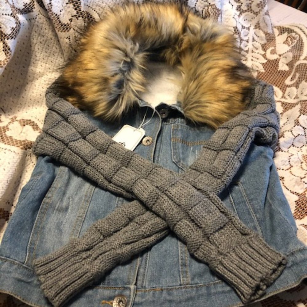 Faux fur and denim jacket with sweater arms